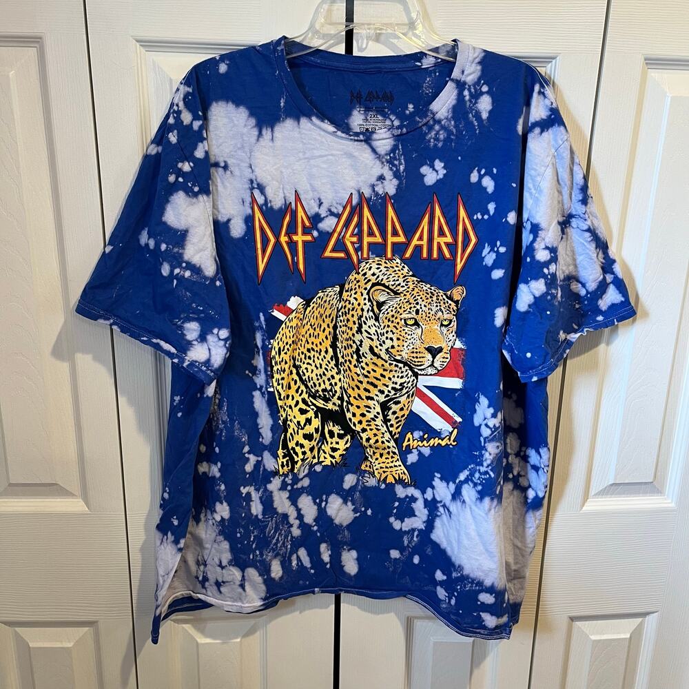 Def Leppard Shirt Blue White 2XL Hysteria Animal Band Tee Bleach Tie Dye NWOT